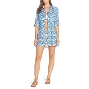 Tommy Bahama Womens Boyfriend Shirt Swim Cover-Up XS Blue Seashells EUC